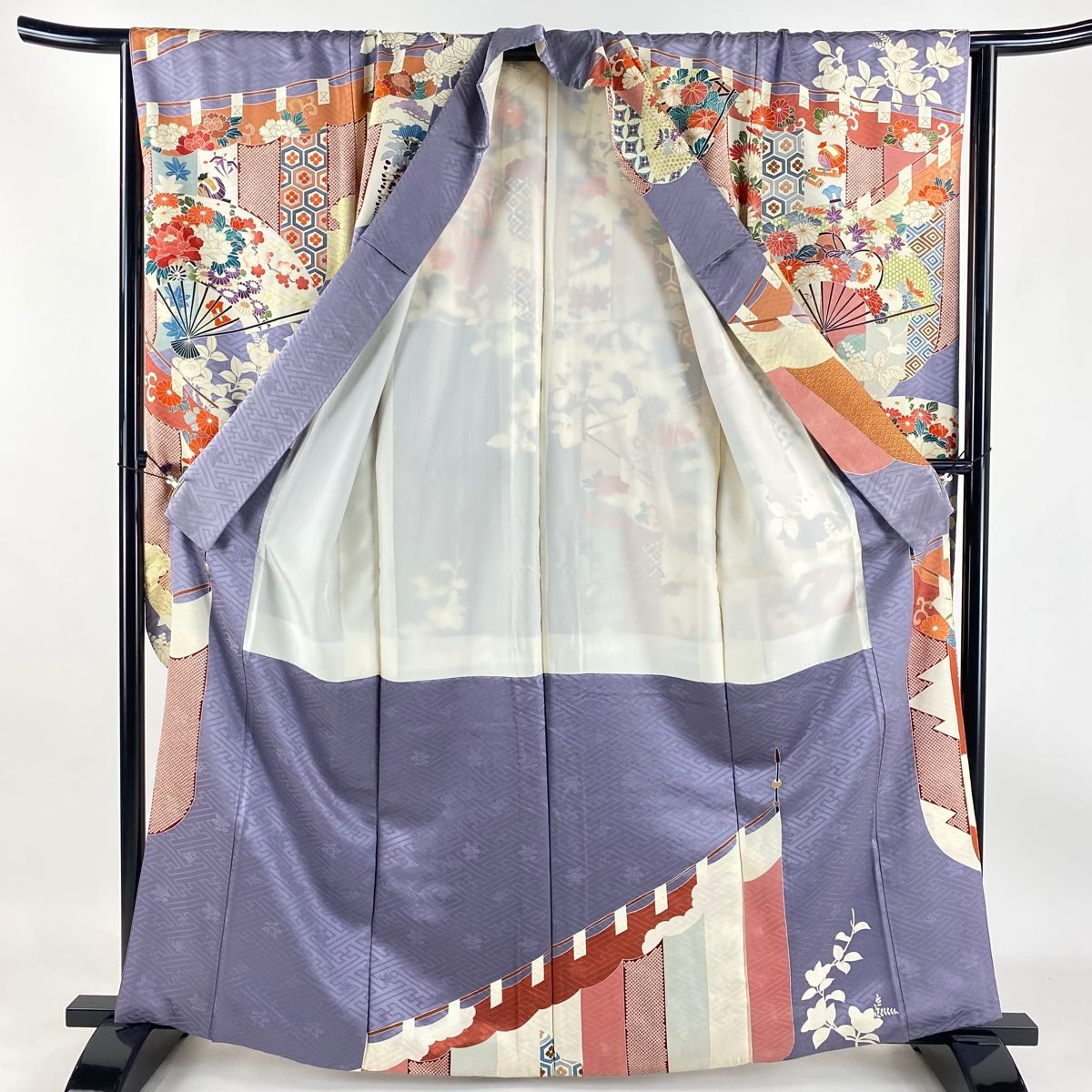 SO-226☆化繊 振袖セット5点 梅柄❣️身丈165㎝ 裄68.4㎝ 振袖 身丈162cm 裄丈67.5cm L 袷 袋帯フルセット 落款 枝梅
