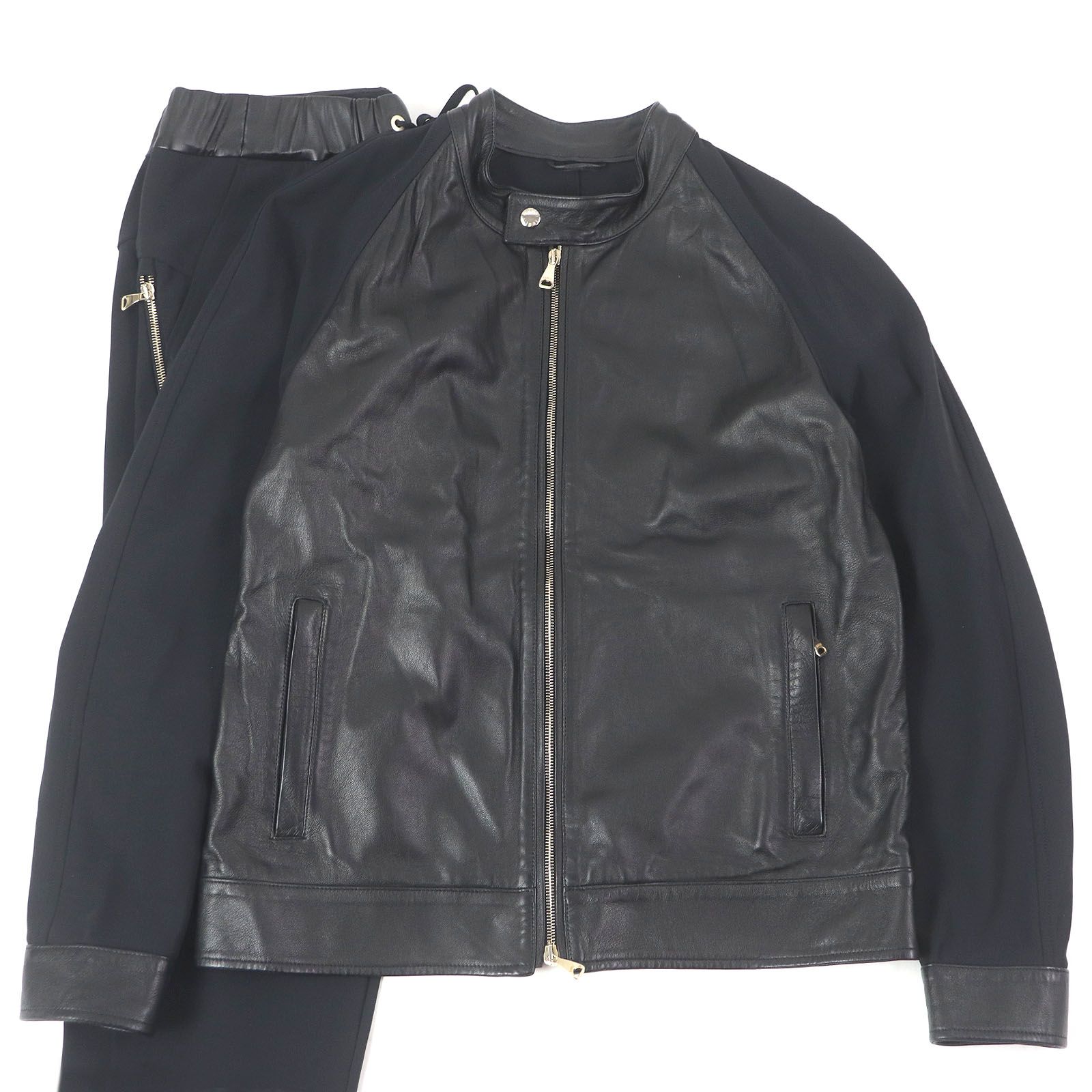 □EMMETI エンメティ 羊革 レザー切替デザイン ボンディング地 ライダース ジョガーパンツ 上下セットアップ ブラック 50 48 イタリア製 メンズ