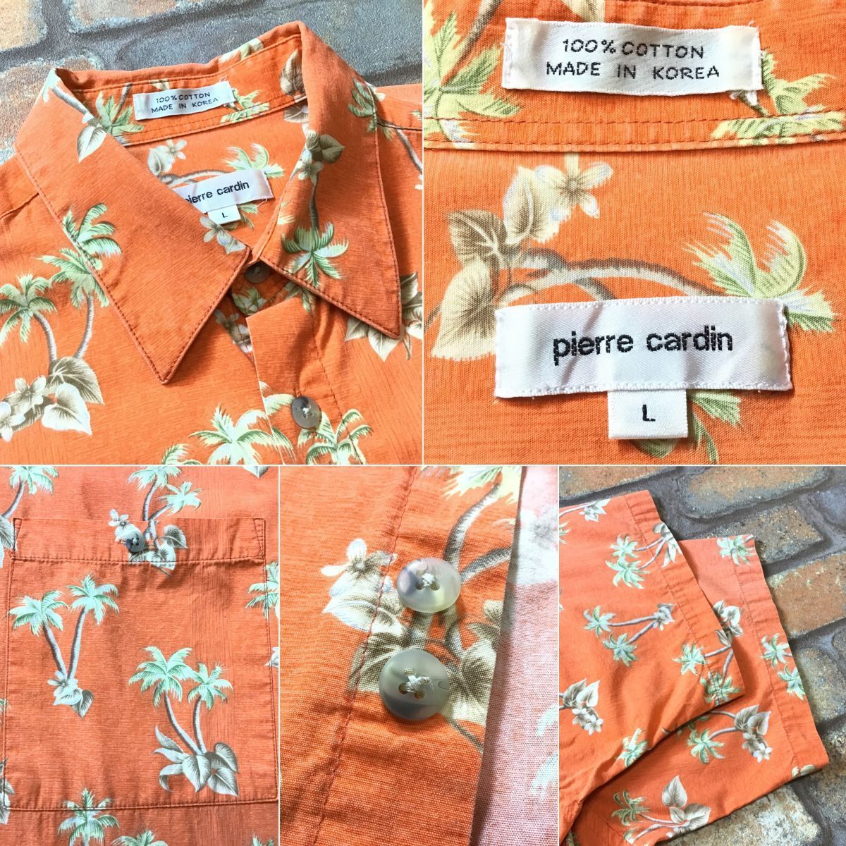 ME3-408★90'sビンテージ★ヤシの木・花★オレンジ【pierre cardin ピエールカルダン】半袖 アロハシャツ【メンズ L】古着 ハワイアン