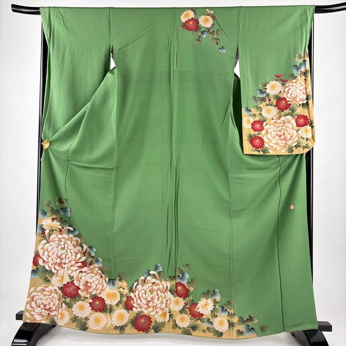 振袖 身丈163cm 裄丈68cm L 袷 花井幸子 二尺袖 落款 菊 実 金糸 刺繍 緑 正絹 名品