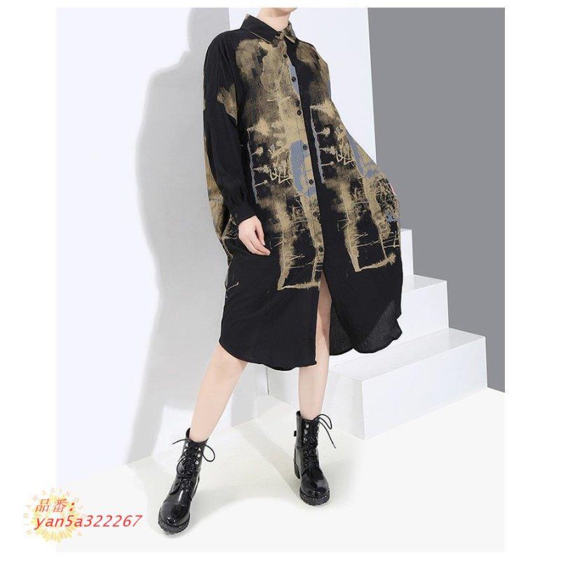 ワンピース レディース 長袖 シャツワンピース ロング丈 総柄 おしゃれ グレー OIS17 ブラック お出かけファッション モード系 柄物 イベント ゴールド yan5a322267