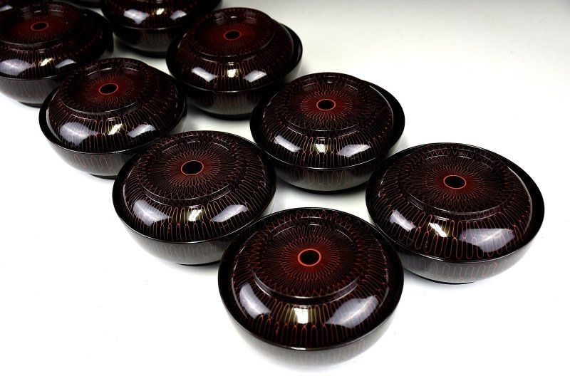 蔵C6710b 時代 堅地木製網手菓子椀 十組