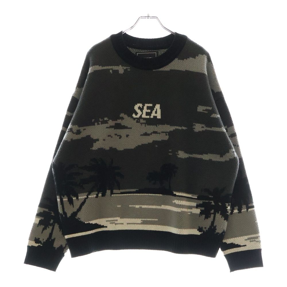 WIND AND SEA ウィンダンシー ジャガードロゴ アクリル ウール クルーネックニットセーター 総柄 ブラック|グレー WDS-O-ATSS-24-Q2-KN-02