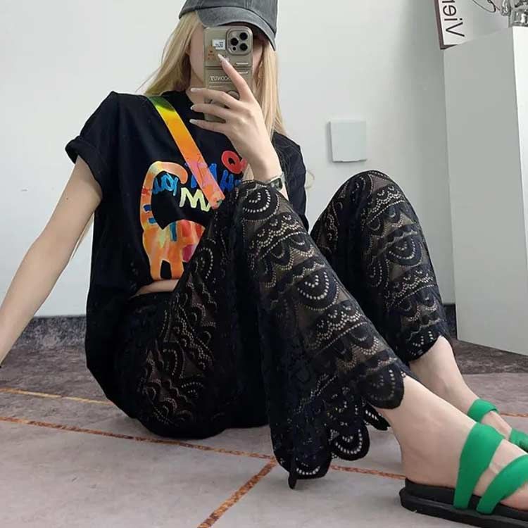 総レース ガウチョ ワイドパンツ レディース ストレートパンツ