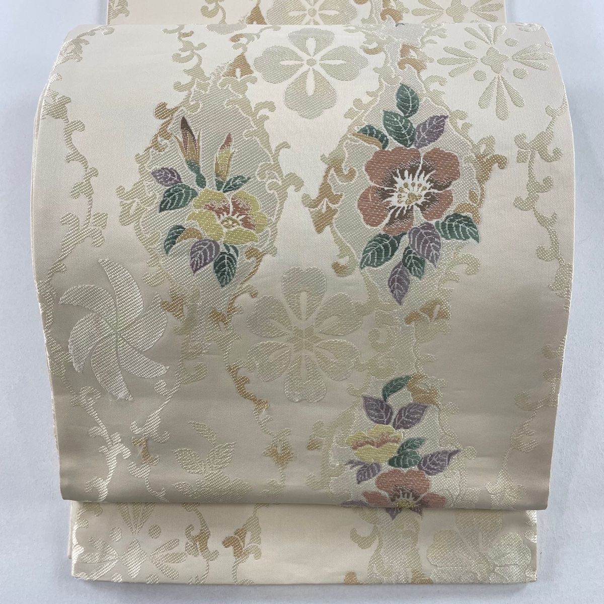 袋帯 名品 草花 生り物 金糸 クリーム 六通 正絹