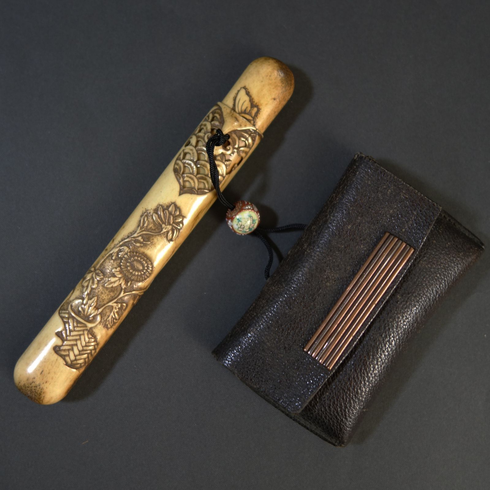 時代物 煙管 煙草入 煙管筒 金口 細工 彫刻 一式 骨董 アンティーク