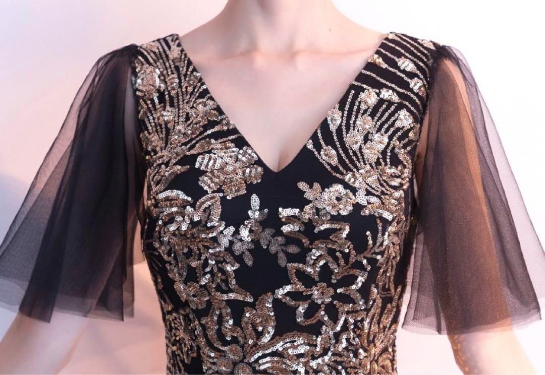 スパンコールの花柄がゴージャスな半袖イブニングドレス?.?