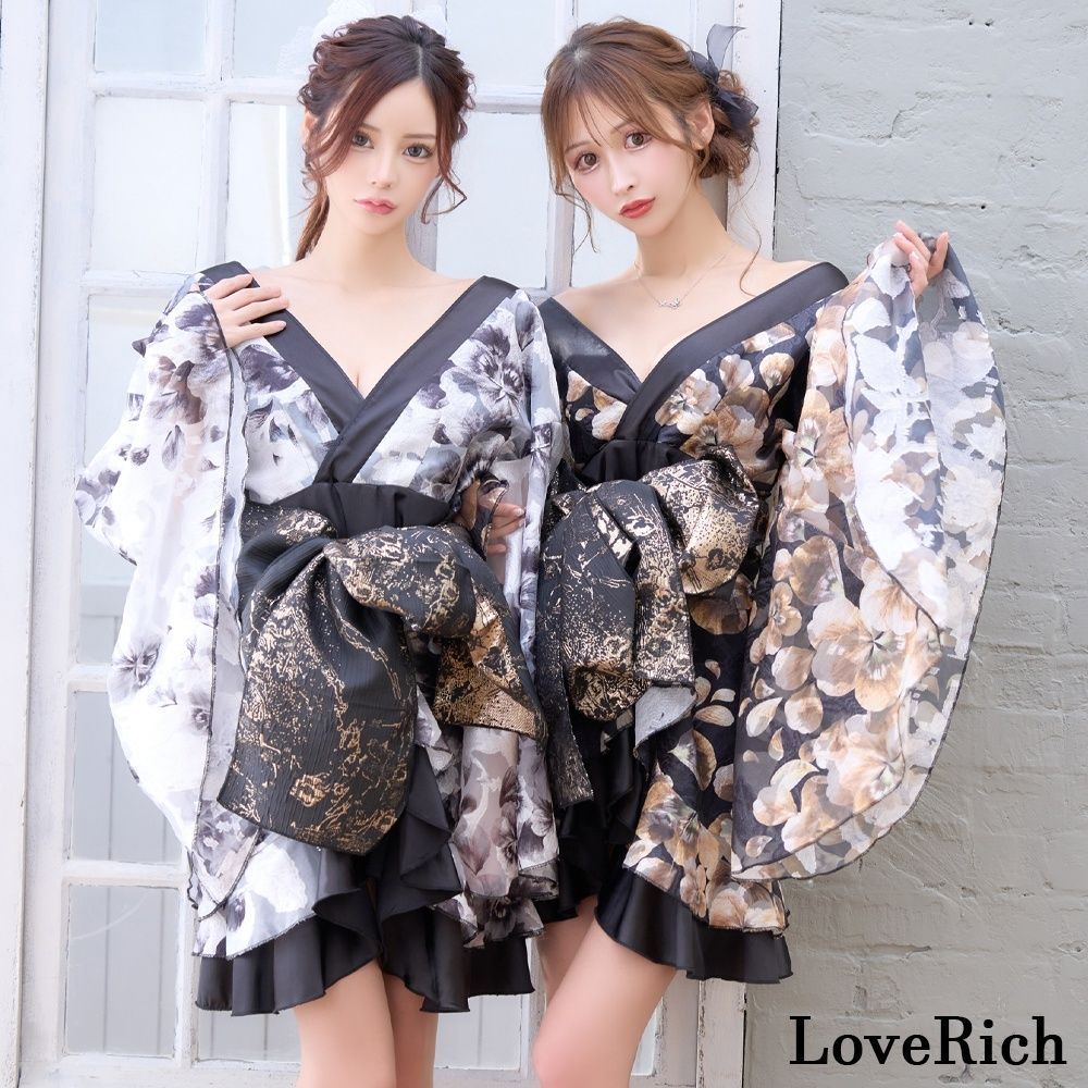 LoveRich ラブリッチ ライン 2カラー|2点セット フラワー柄 ミニ 豪華 花魁 着物 ドレス コスプレ イベント 1519