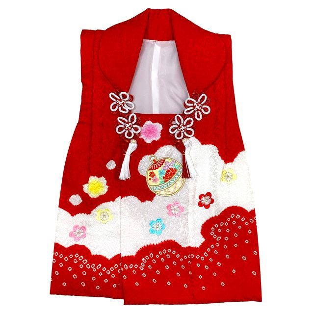 七五三 三歳 女の子 被布セット 正絹被布コート 草履 巾着 足袋 4点コーデセット 紅白 鞠と梅 IHF908-4set01