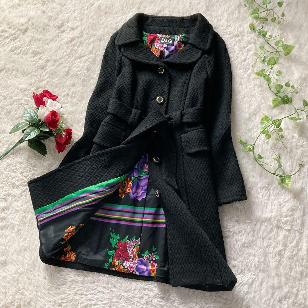 ✨DOLCE&GABBANA 裏地花柄 レザー切替 マキシ丈 ロングコート 42 ドルチェアンドガッバーナ ウール混 ベルテットコート 裏地 花柄