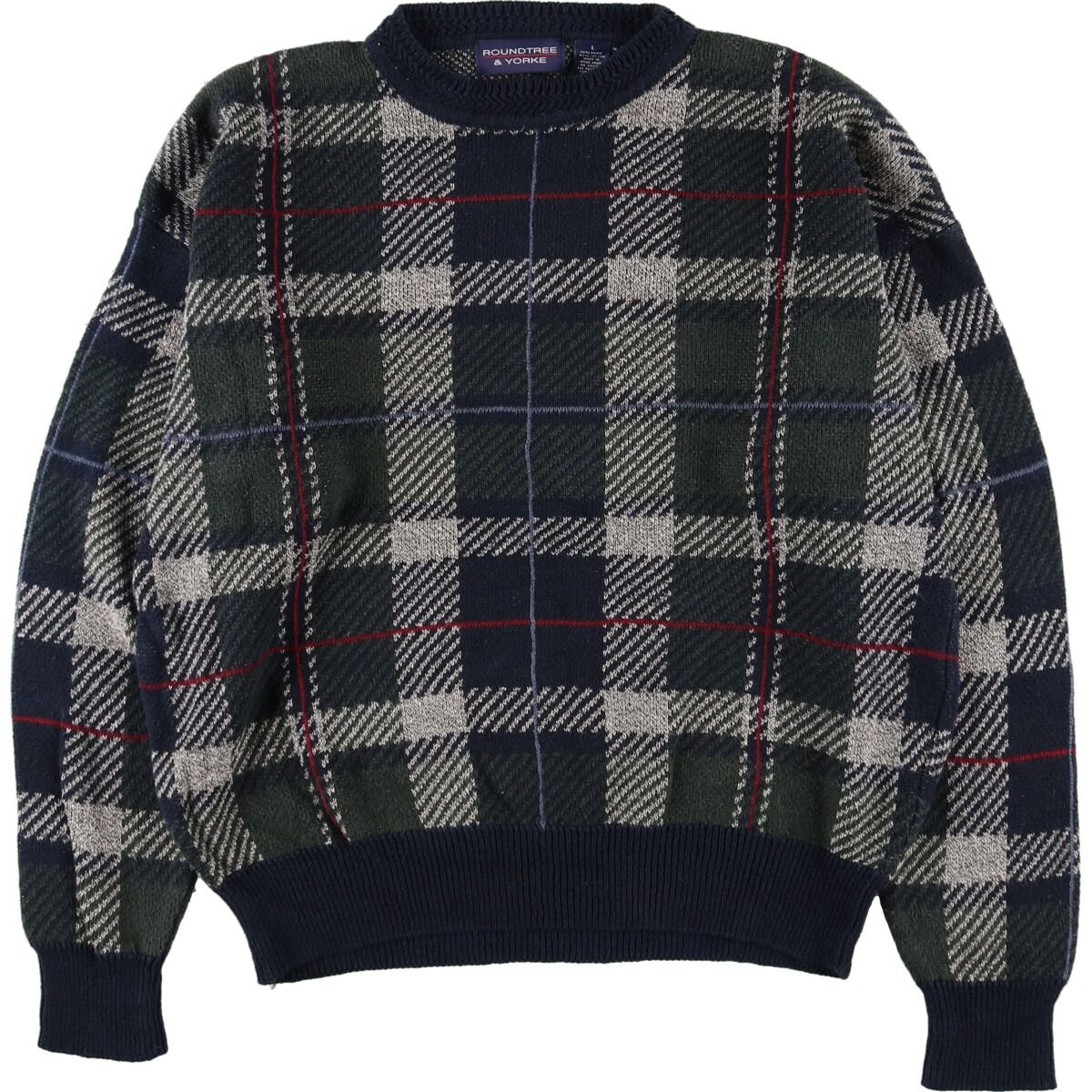 古着 ROUNDTREE＆YORKE チェック柄 リネンニットセーター メンズXL/eaa369985
