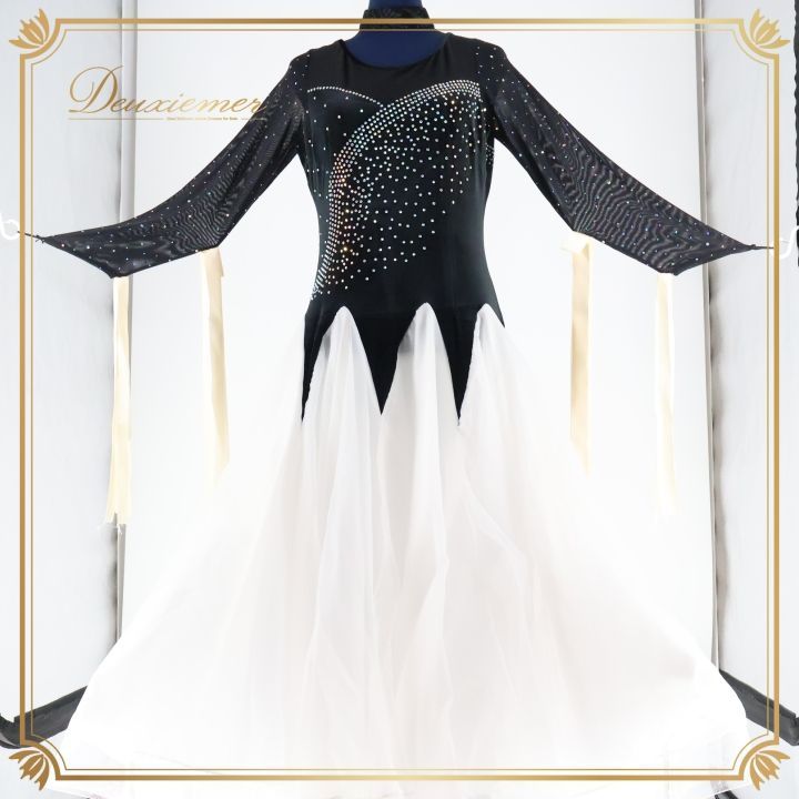 社交ダンス 衣装 ドレス ドレス ワンピース 黒 白 パーティ 発表会 リボン ブラック系 ホワイト系 動きやすい 軽めの生地 おしゃれ エレガント 感 女性用 ドレスアップ フォーマル パフォーマンス ダンス衣装 シンプル