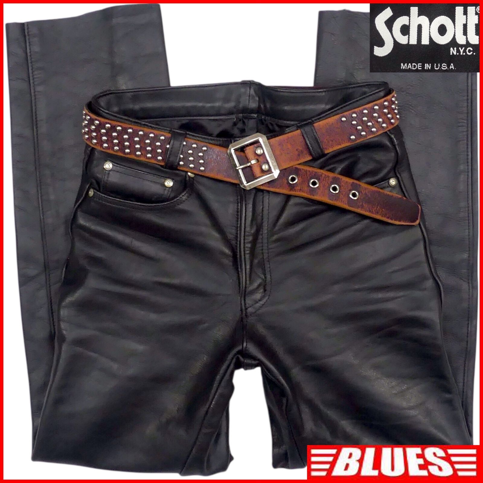 Schott ショット レザーパンツ W30 本革 メンズ 黒 ブラック USA