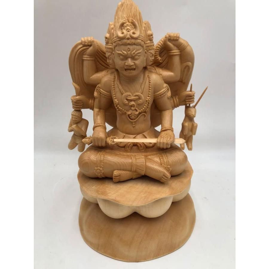 木彫り 仏像 忿怒形 三面大黒天 摩多利神 桧木製 木彫り 総高26cm 木製 仏像 七福神 彩切金