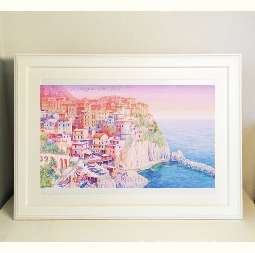 水彩画原画 断崖に立つマナローラの街・イタリア ＃664 絵画