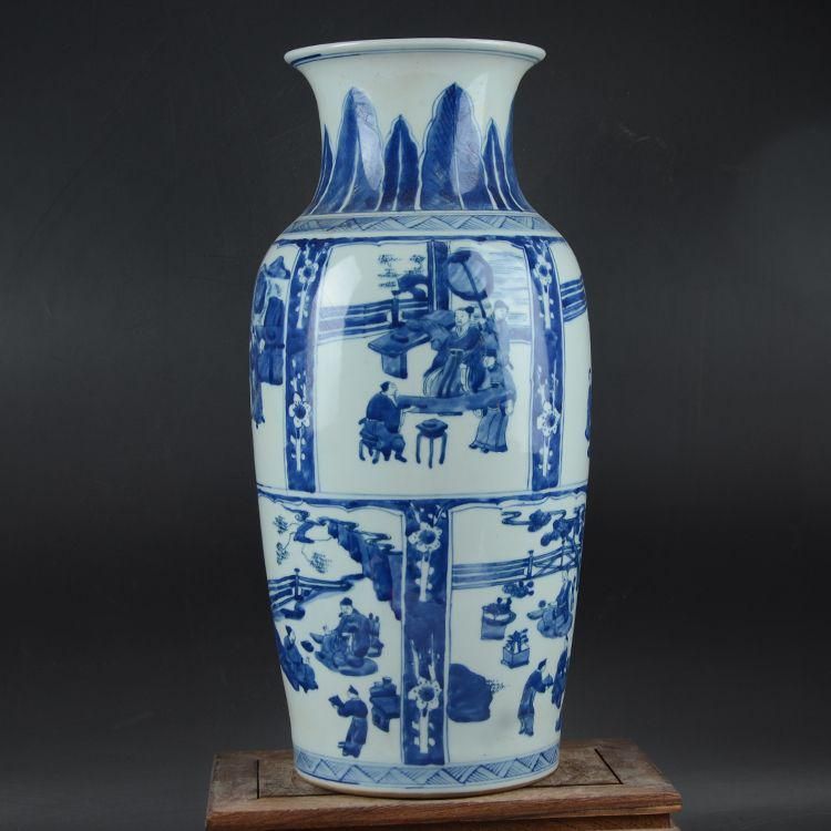 大清康熙青花窓人物紋花瓶  景徳鎮 陶磁器 装飾品 現代工芸品 美術品 置物 大清康熙青花窓人物紋花瓶 景徳鎮 陶磁器 装飾品 現代工芸品