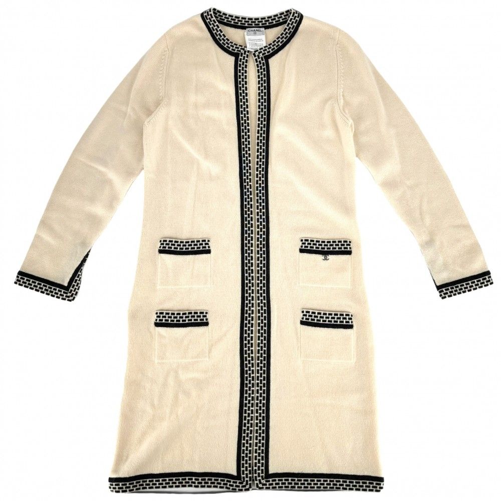シャネル アンサンブル レディース ココマーク ロングカーディガン ノースリーブワンピース セット ヴィンテージ アパレル 服 ニット CHANEL 40 ベージュ ブラック 黒 カシミヤ 春 秋 品