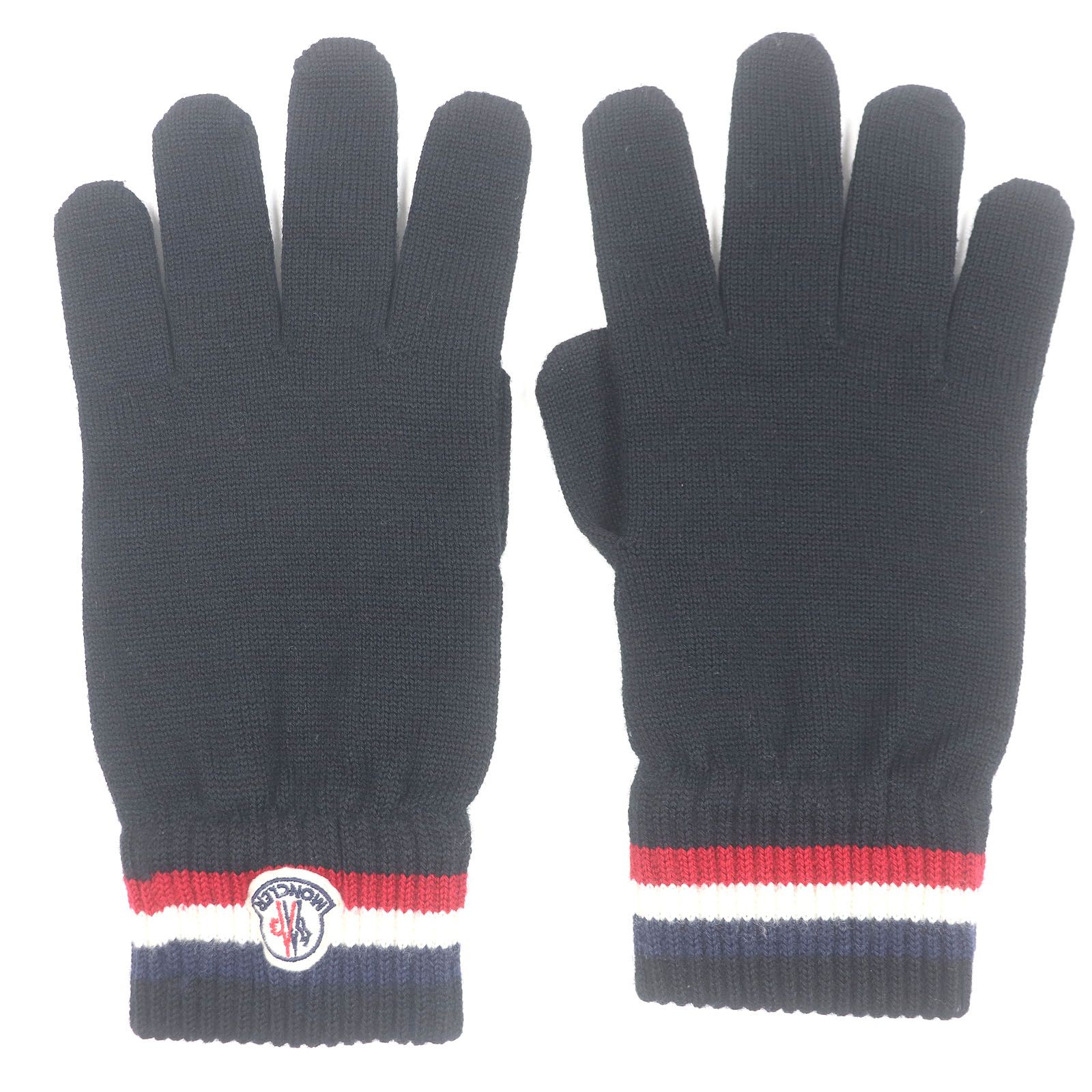 MONCLER モンクレール GUANTI ウール100％ ロゴワッペン トリコロール ニットグローブ 手袋 ブラック L イタリア製 メンズ