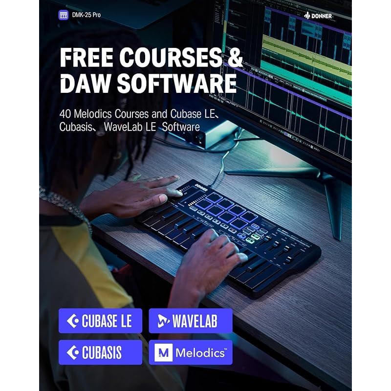 情報 Donner USB MIDI キーボード コントローラー 25鍵 ベロシティ対応 タッチ式スライダー OLEDスクリーン バックライト付パッド 音楽制作 Mac PC対応 日本語説明書 ブラック DMK-25 PRO 1 今がお買い得