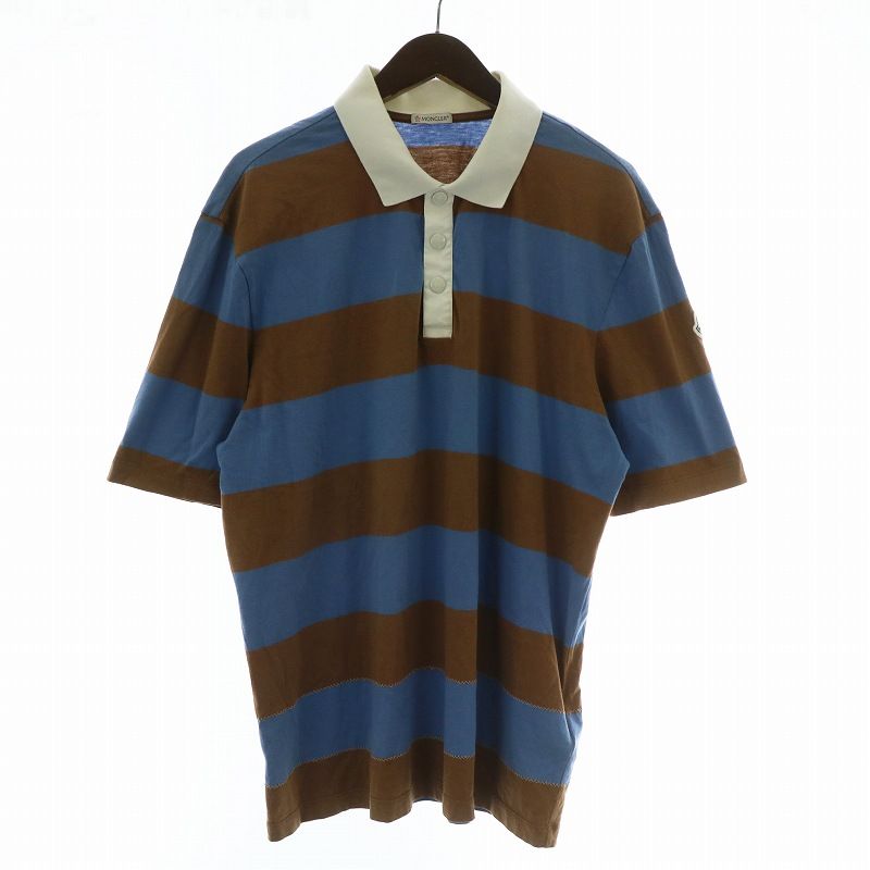 モンクレール MONCLER SS POLO ポロシャツ ラガーシャツ 半袖 ボーダー柄 総柄 ロゴ ワッペン L 青 ブルー 茶色 ブラウン |XZ GY18