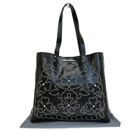 【中古】 ミュウミュウ miumiu トートバッグ ショルダー スタッズ 花柄 ブラック レザー 保存袋付き 03JA133