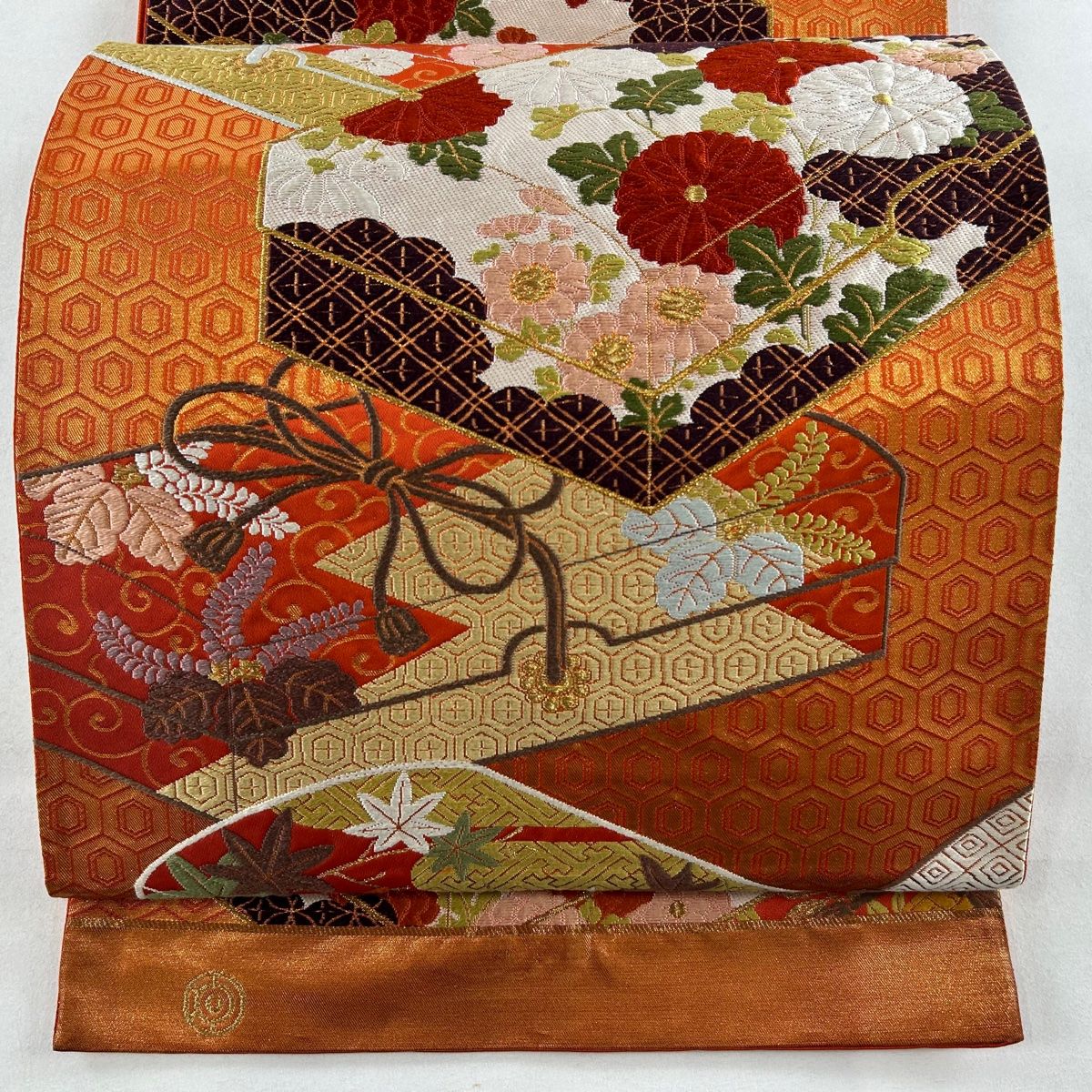 袋帯 正絹 オレンジゴールド 河合美術織物 448cm OB85