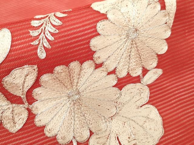 平和屋着物＊夏物 九寸名古屋帯 駒刺繍 花丸文 銀糸 正絹 逸品