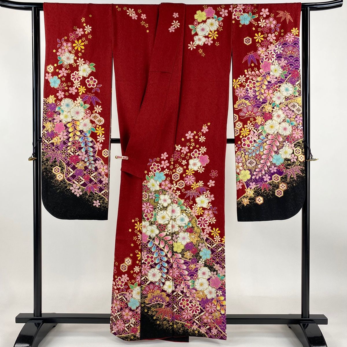 振袖 身丈160.5cm 裄丈64cm M 袷 落款 辻が花柄 草花 銀通し