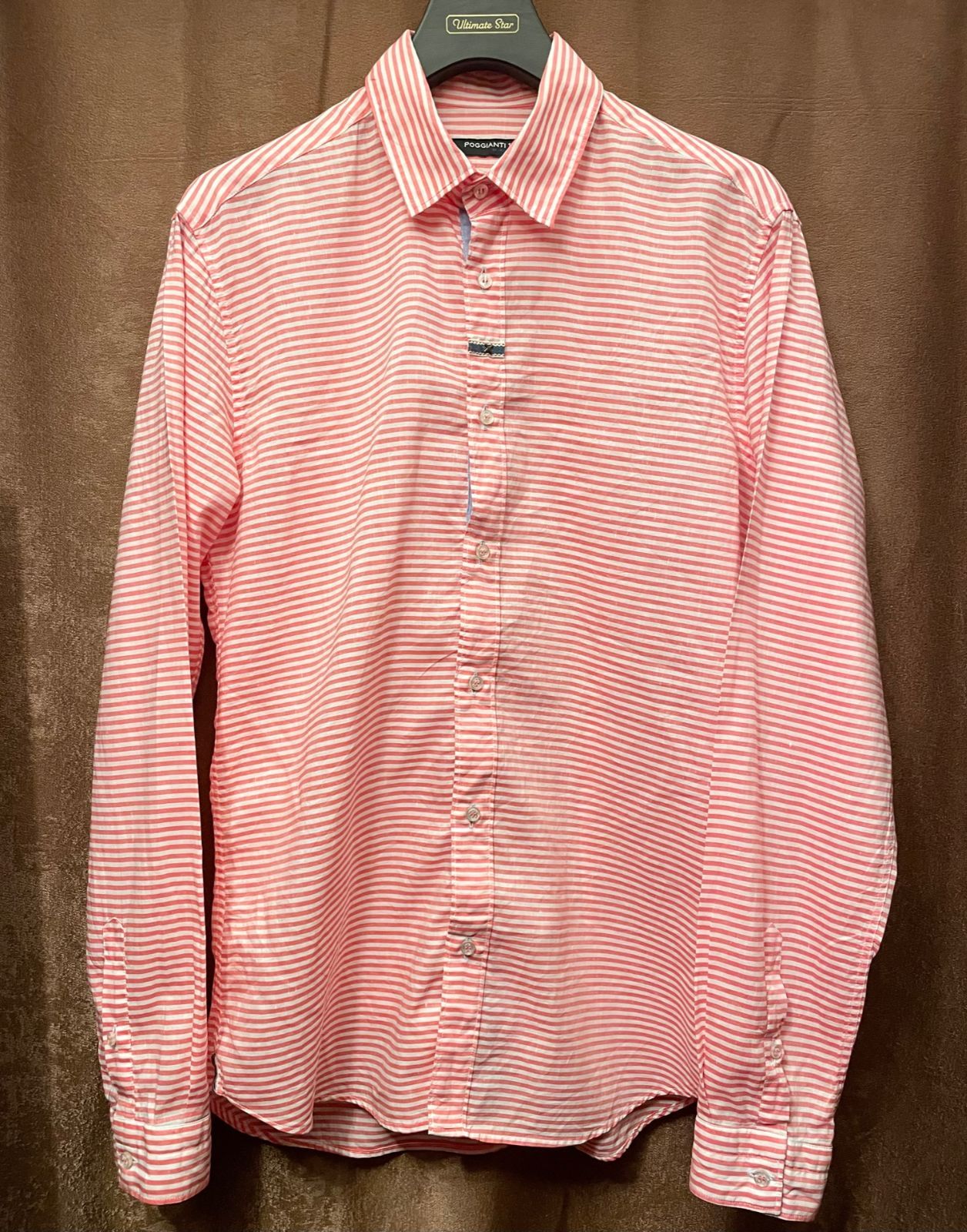 【BARNEYS NEWYORK 取り扱い】 訳あり商品 MADE IN ITALY製 POGGIANTI 1958 長袖ボーダー柄コットンリネンシャツ レッド×ホワイト Mサイズ