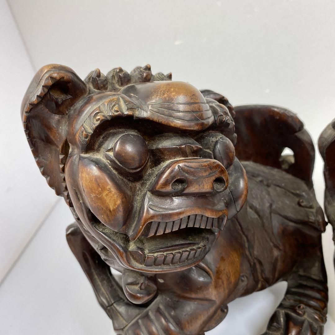 愛らしい 時代 木彫 獅子一対 トヒエカ 東さ6-1103