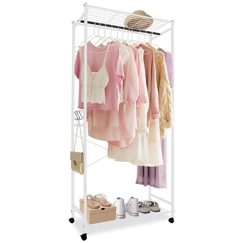 fusehome ハンガーラック 衣類ラック 洋服ラック 頑丈 キャスター付き スリム 幅79.5×奥行40×高さ175.5cm パイプハンガー ハンガー おしゃれ 服掛け 耐荷重 シングル 服掛け 衣類収納 ホワイト 0