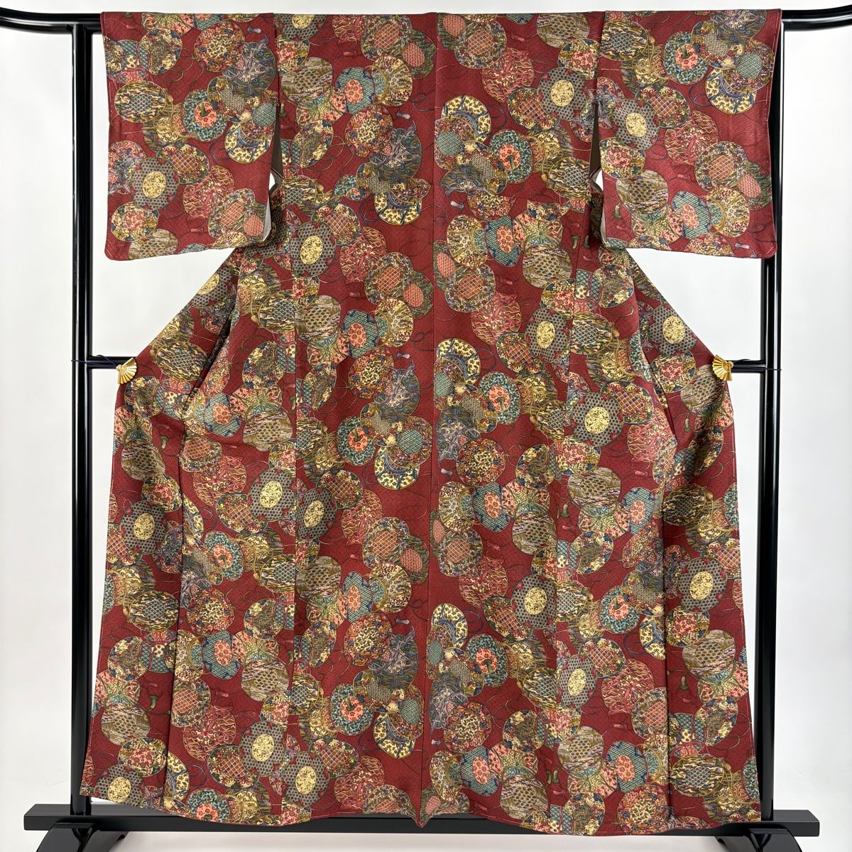 小紋 身丈158cm 裄丈63cm S 袷 三代目更勝 落款 鼓 青海波 赤茶 正絹 秀品