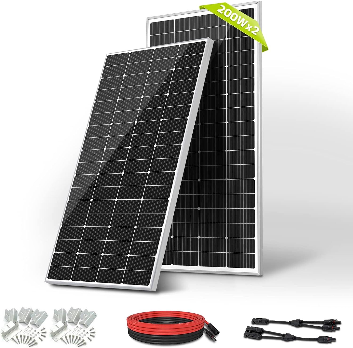LVYUAN(リョクエン)200W PERC 高性能 単結晶ソーラーパネル 2枚セット｜次世代型 400W 太陽光発電キット｜10mケーブル（5m 赤・5m 黒）+ Zブラケット2セット + Y型コネクター｜省エネルギー｜船舶・