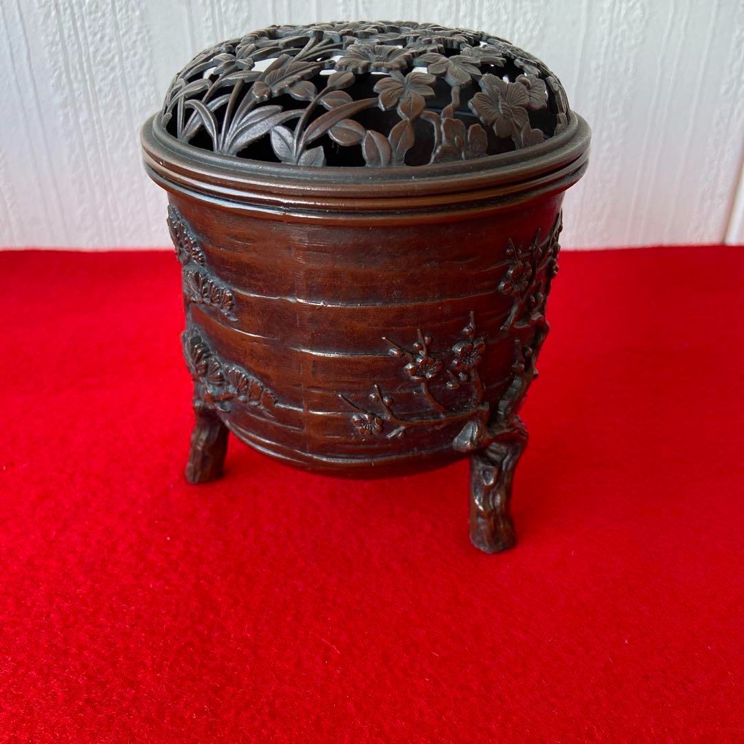 精山作 銅製 松竹梅図 香炉