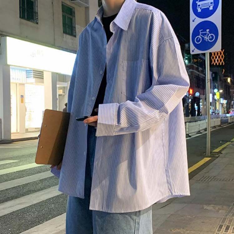 メンズストライプ長袖シャツトップス春秋 長袖シャツ メンズ シャツアウター ストライプ柄 折り襟 春秋