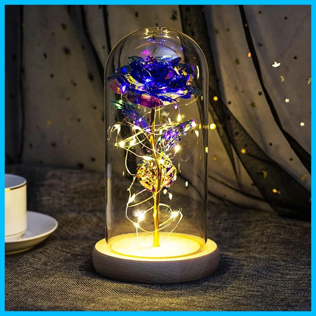 光る花 枯れない花 金メッキ ローズ 造花 LEDライト付き電池式 女性への贈り物 デバリエ 薔薇 花束 ガラスポット ケース入り プレゼント 花1組×ペアクマ1組 セット品 ×22.5 cm オーロラパープル li-01-op