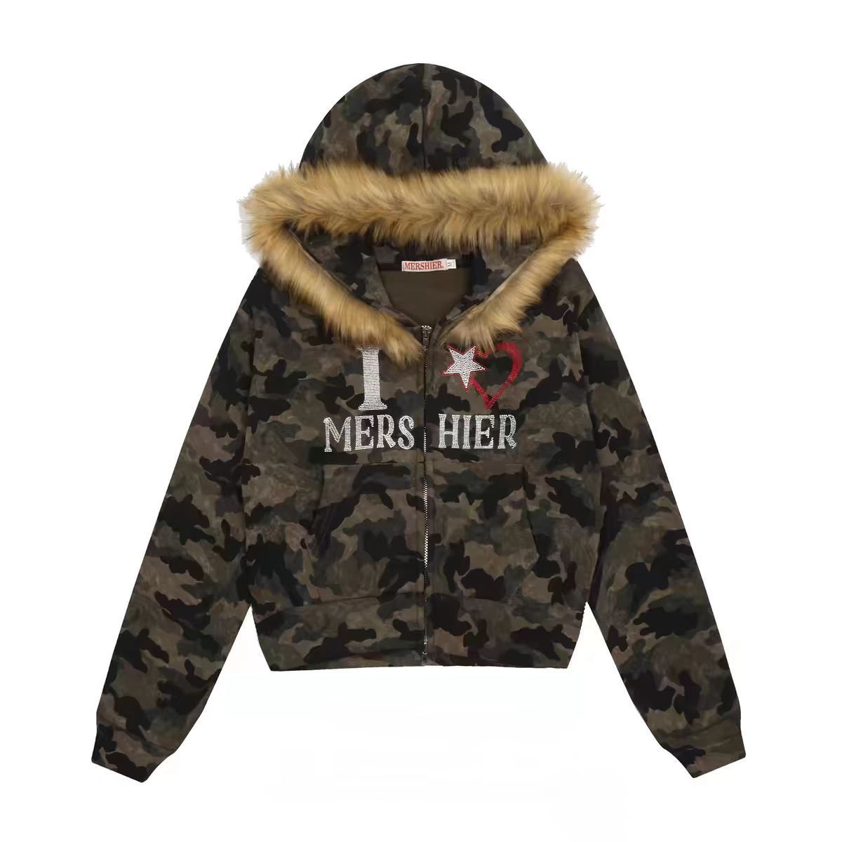 Y2K カモ柄　ファーフーディー　camouflage fur Parker camouflage fur Parker Y2K カモ柄 ジップアップパーカー ファー
