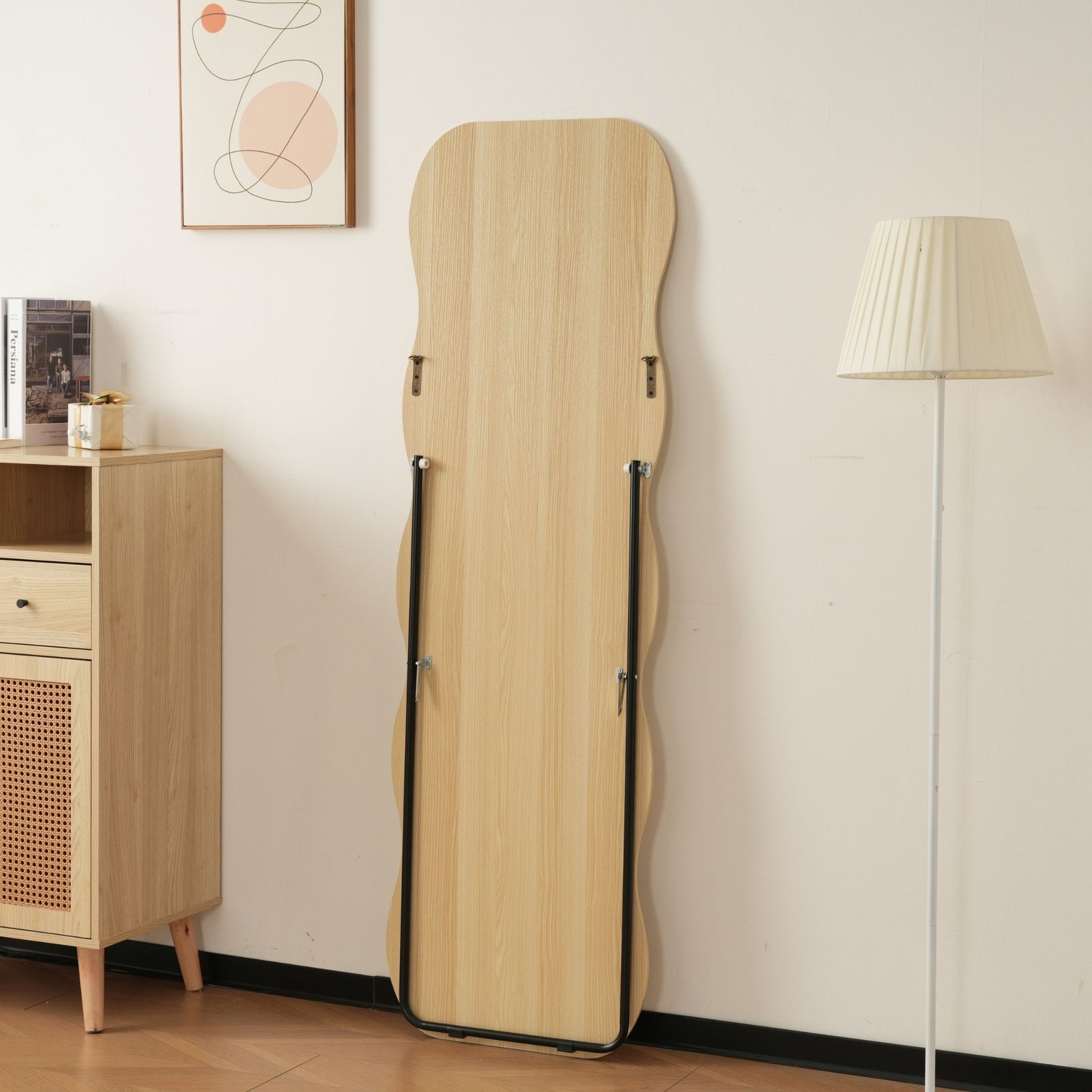 【新品】波形状木目調全身鏡 160×50cm 北欧風 飛散防止 セール中」全身鏡 波形状 姿見鏡 北欧 木目調 スタンドミラー