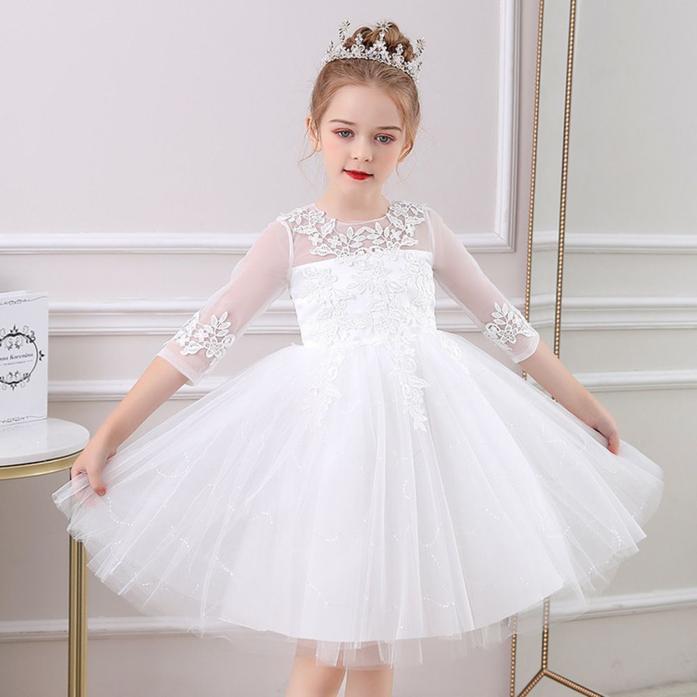 ホワイト  120CM  子供ドレス ワンピース 女の子 かわいい 春 夏 秋 dk2803 子供ドレス 女の子 発表会 キッズドレス フォーマルドレス 子供ワンピース 子ども キッズ ドレス シアー 透け感 レース