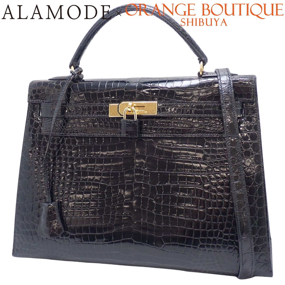 ハンドバッグ ケリー型 クロコダイル 黒 ゴールド金具 良品 COMTESSE