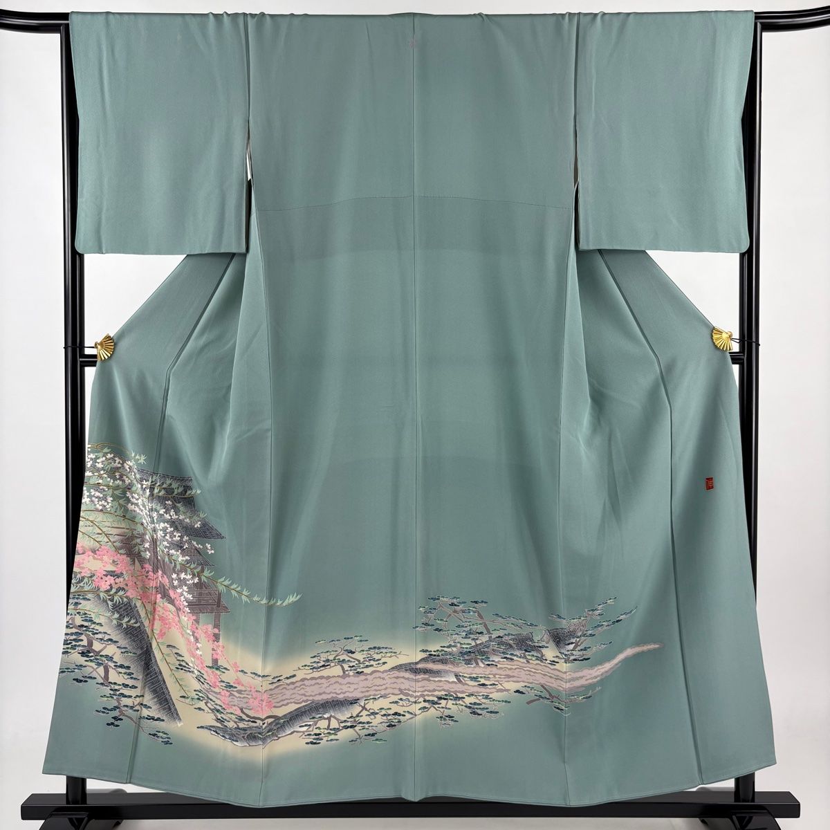 色留袖 身丈154.5cm 裄丈65.5cm M 袷 杉浦伸 落款 枝花 建物 ぼかし 灰緑 正絹 名品 一つ紋