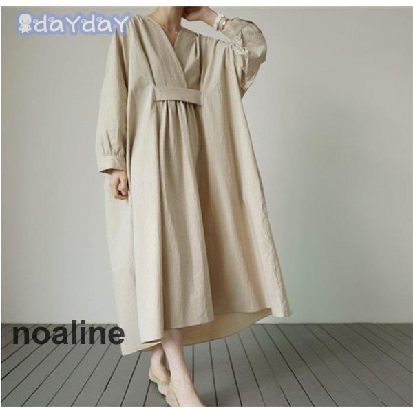 ワンピース ロングワンピース レディース ロング丈 ワンピ 長袖 着痩せ Vネック 大きいサイズ 体型カバー 夏 秋 ゆったり 着痩せ 体型カバー シンプル 30代 40代