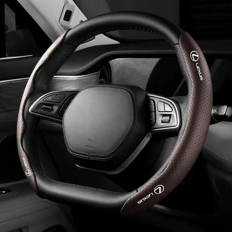 レクサス LEXUSモカブラウンハンドルカバー ハンドル保護 専車ロゴ ステアリングカバー レザー 滑り止め D型 O型 分割 タイプ 2本セット aacn qtm
