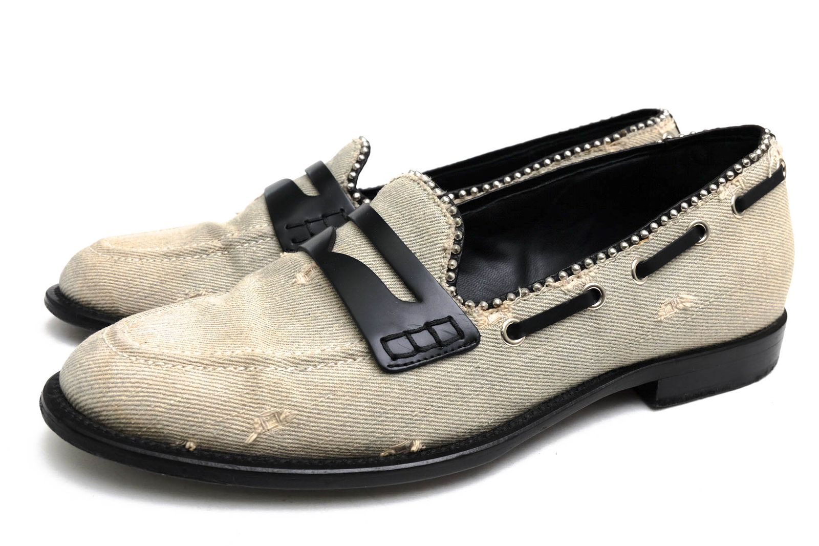 ジュゼッペザノッティ／Giuseppe Zanotti コインローファー ペニーローファー シューズ 靴 メンズ 男性 男性用コットン 綿 キャンバス  レザー 販売 革 ベージュ ヴィンテージ加工 スリッポン デニム スタッズ ジュゼッペザノッティ／Giuseppe Zanotti コインローファー