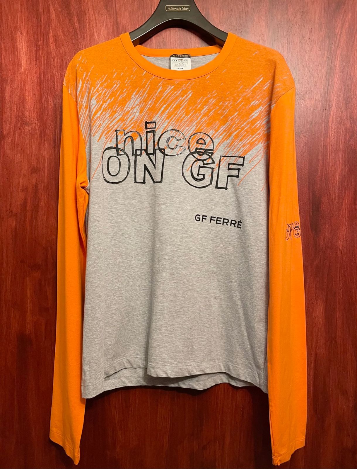 MADE IN ITALY製 GF FERRE 長袖プリントTシャツ オレンジ×グレー XXL 
