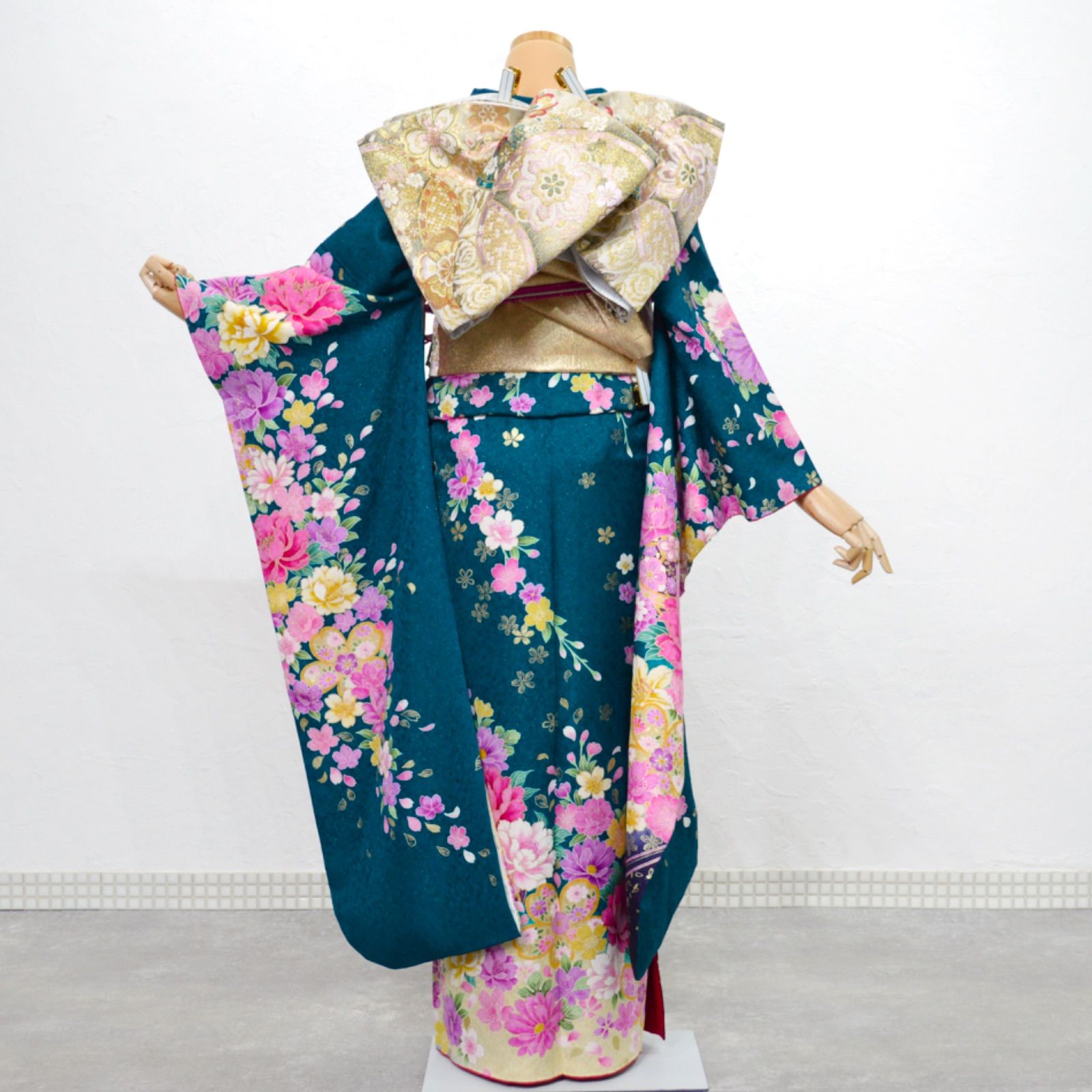 美品》正絹 振袖フルセット S〜Mサイズ 成人式 金彩 ターコイズブルー