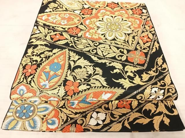 平和屋着物◎六通柄袋帯 唐織 更紗花文 黒地 金糸 正絹 逸品