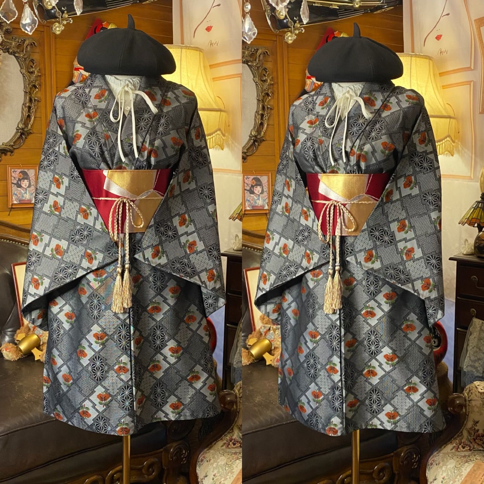 着物リメイクミニミディワンピース アンサンブル 名古屋帯サッシュベルト付き 和洋折衷 ハンドメイド レトロ 古着 墨鼠×市松 麻の葉に花 aKW-92 NEXPOTALLINN_EU