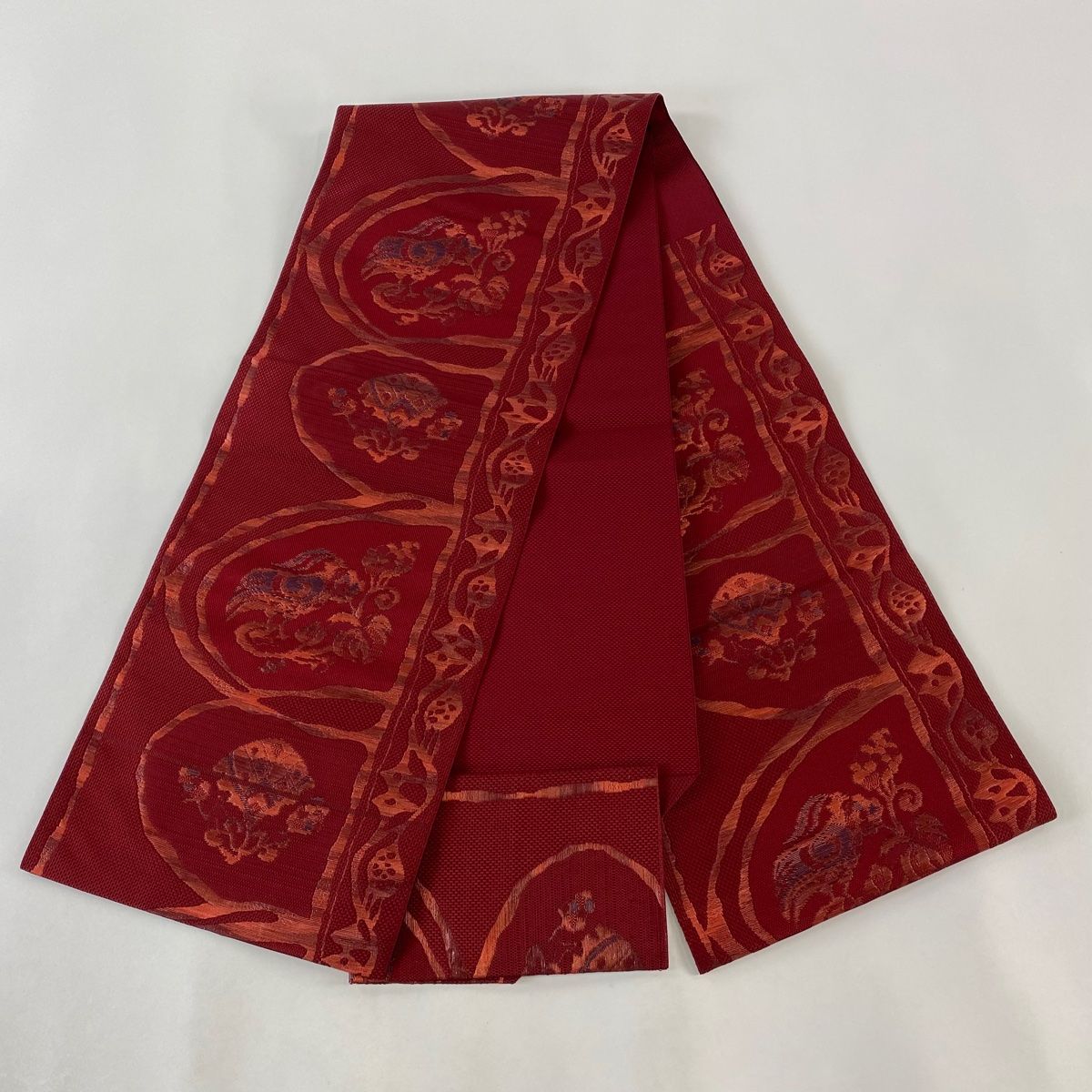 名古屋帯 美品 優品 八寸名古屋帯 松葉仕立て 幾何学 縞 赤 正絹