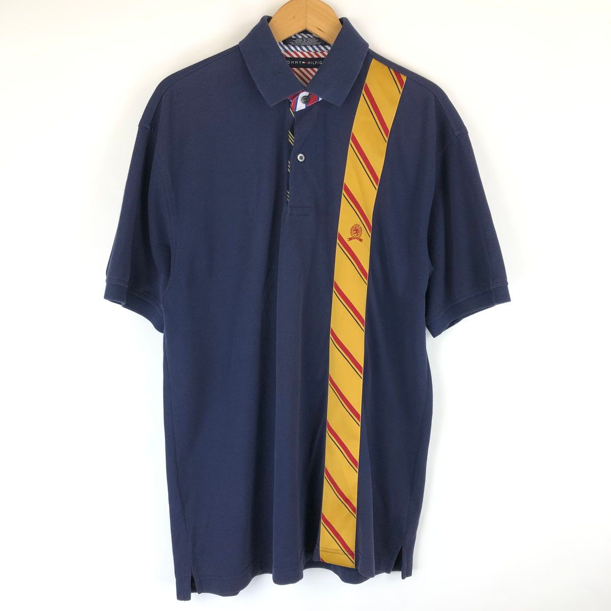 【古着】 TOMMY HILFIGER トミー・ヒルフィガー 無地ポロシャツ テープ使い ネイビー系 メンズL 【中古】 n014367